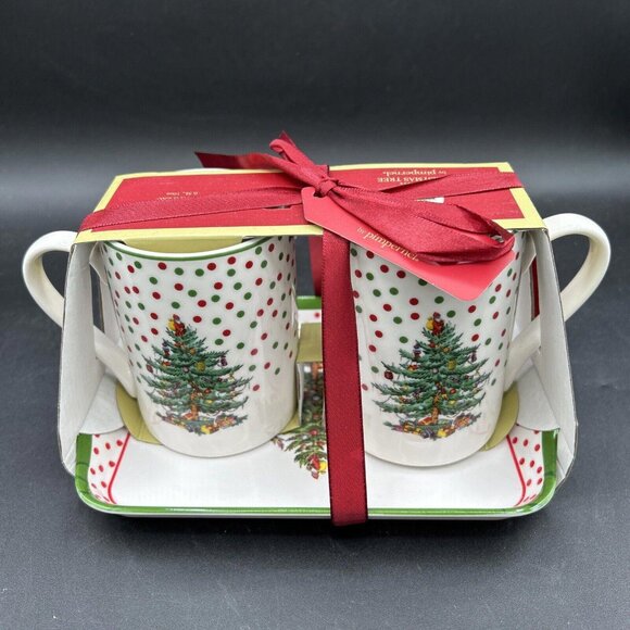 Spode Christmas Two Mug and One Tray Gift Set Christmas Trees Coffee Cup - Picture 4 of 5